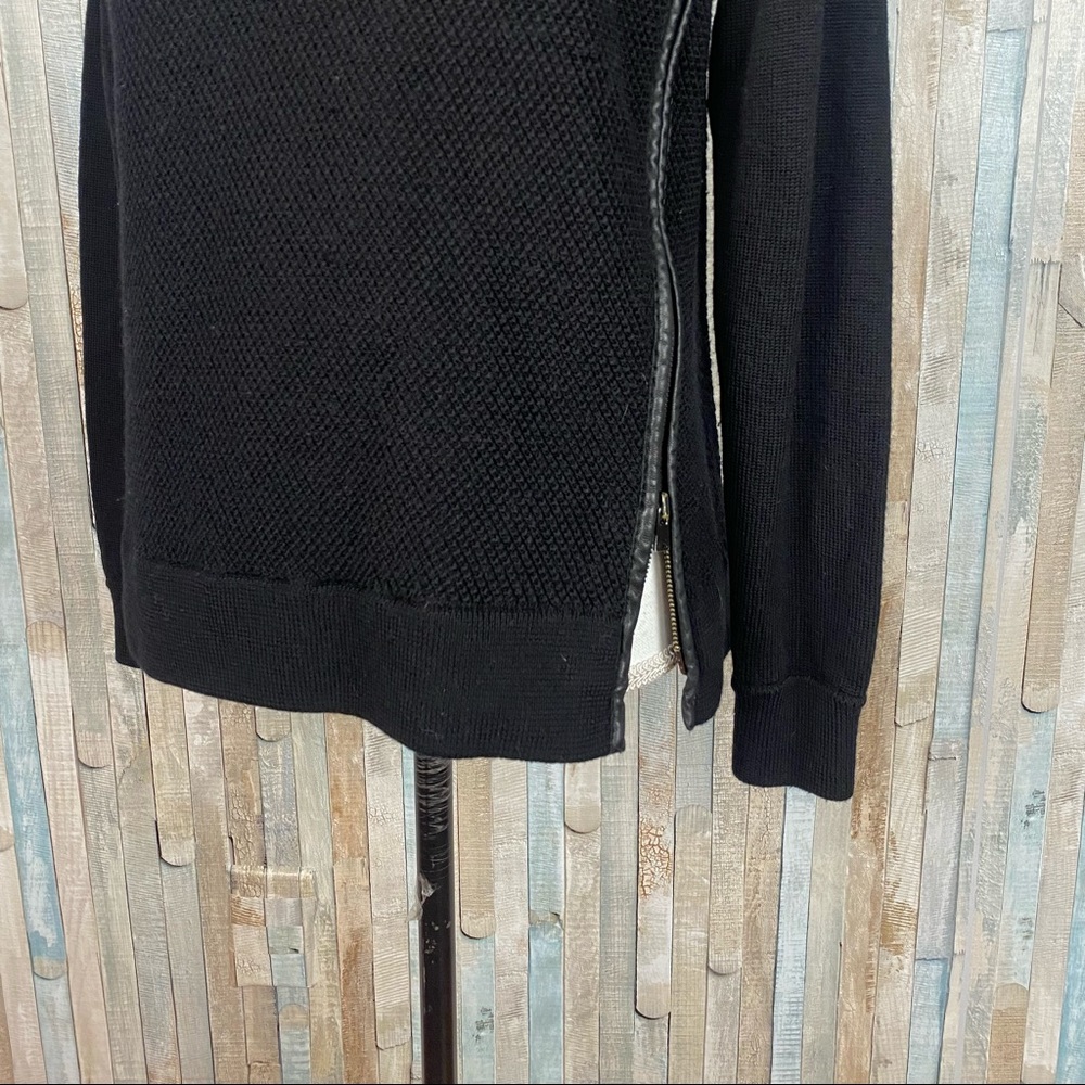 Vince S Black Leather Trim Zipper Textured 100% Wool Knit Sweater Pullover - Picture 7 of 14